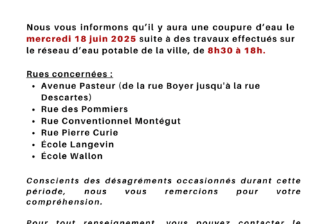 Coupure d'eau de la journée du 18 juin 2025