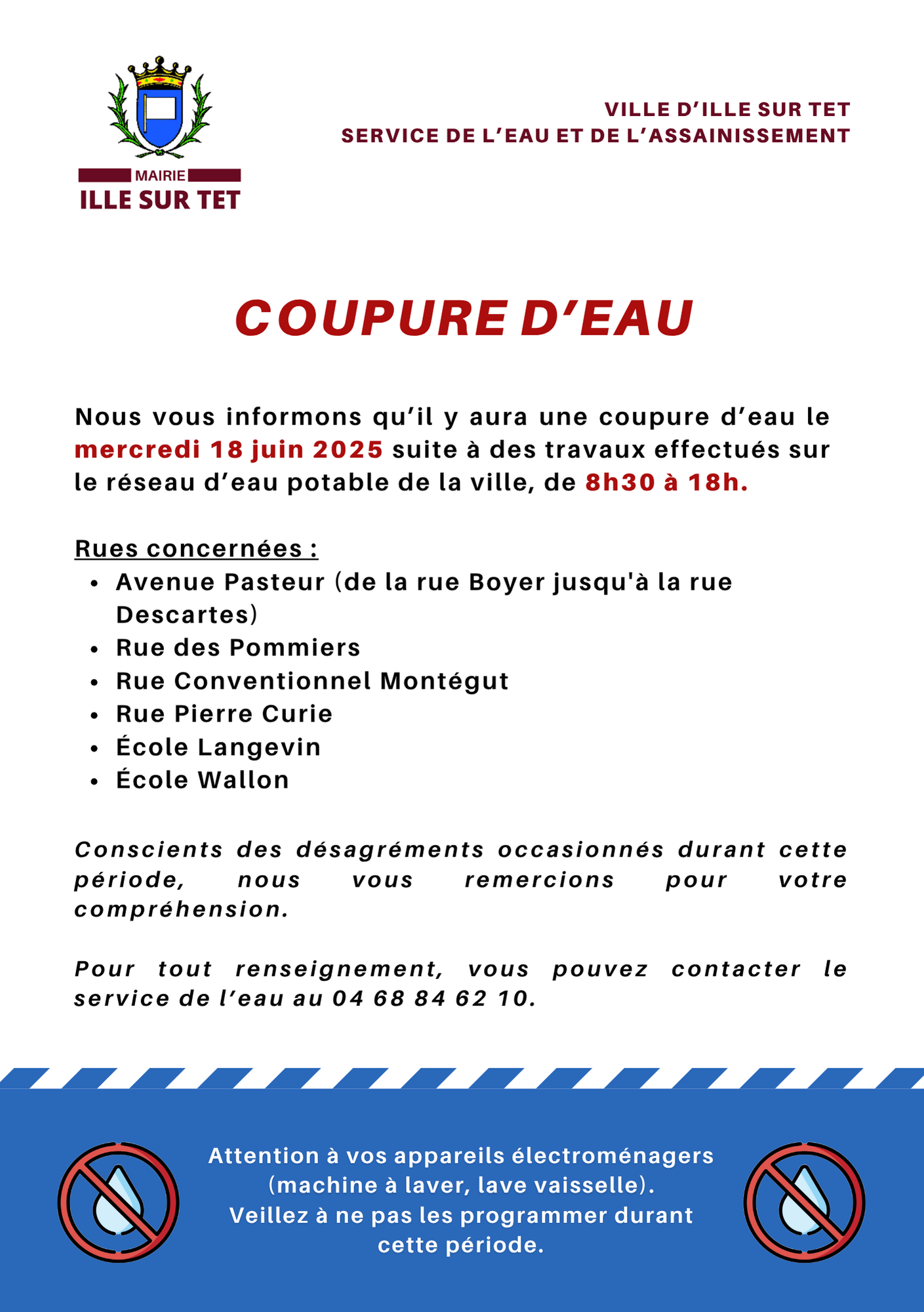 Coupure d'eau de la journée du 18 juin 2025